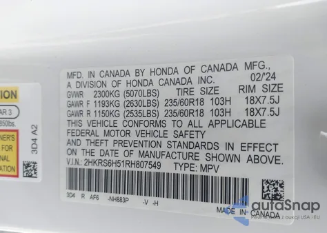 2024 Honda Cr-V Hybrid Sport z USA, uszkodzony, nr VIN 2HKRS6H51RH807549